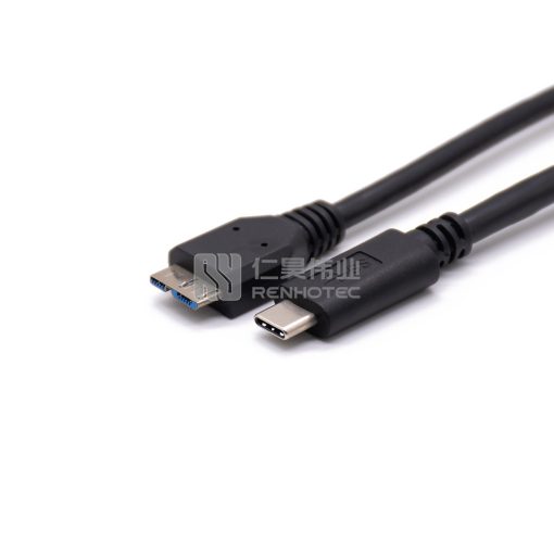 USB MicroB Plug to Type-C Plug Black Injection Molded Cable - Image 2