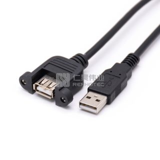 USB 2.0 Plug to USB 2.0 Screw-on Jack Black Injection Molded Cable