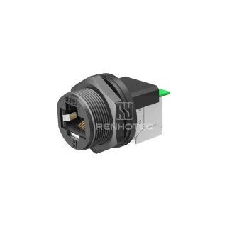 RHT-620-1010 Waterproof IP67 RJ45 8P8C Threaded 90 Degree Rear Fastened Panel Mount Receptacle with Dual Port