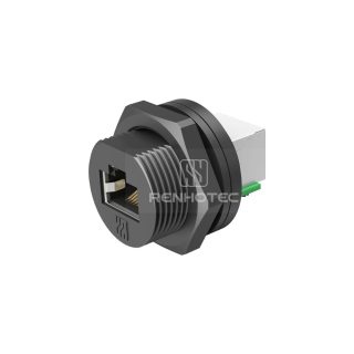 RHT-620-1016 Waterproof IP67 RJ45 8P8C Threaded Rear Fastened Panel Mount Receptacle with Dual Port