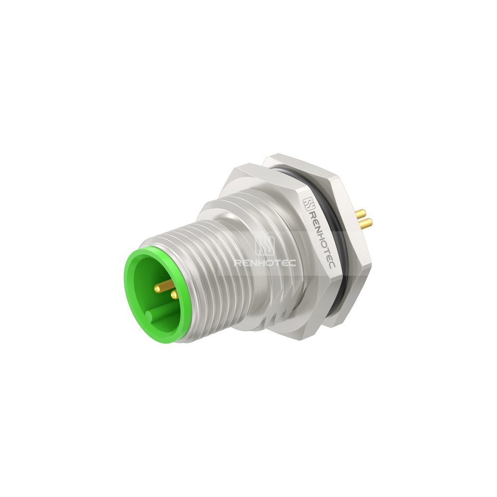 M12 Panel Mount Connectors Male Front-Lock PG9 Receptacle, Zinc Alloy, PCB Solder