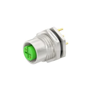 M12 Female Front-Lock M16 Panel Mount Receptacle, Zinc Alloy, PCB Solder with Ground Pin