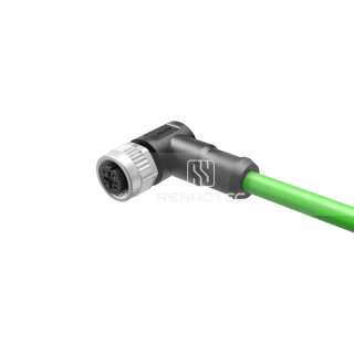 M12 Female Single-ended Cable with Cat 5e S/FTP Ethernet EMI-Shielded Angled PVC/PUR