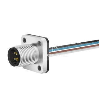 M12 Male Panel Mount Receptacle with Wires Flange Fastened Straight
