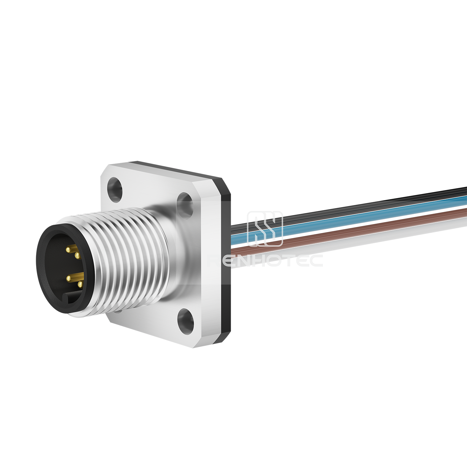 M12 Male Panel Mount Receptacle with Wires Flange Fastened Straight