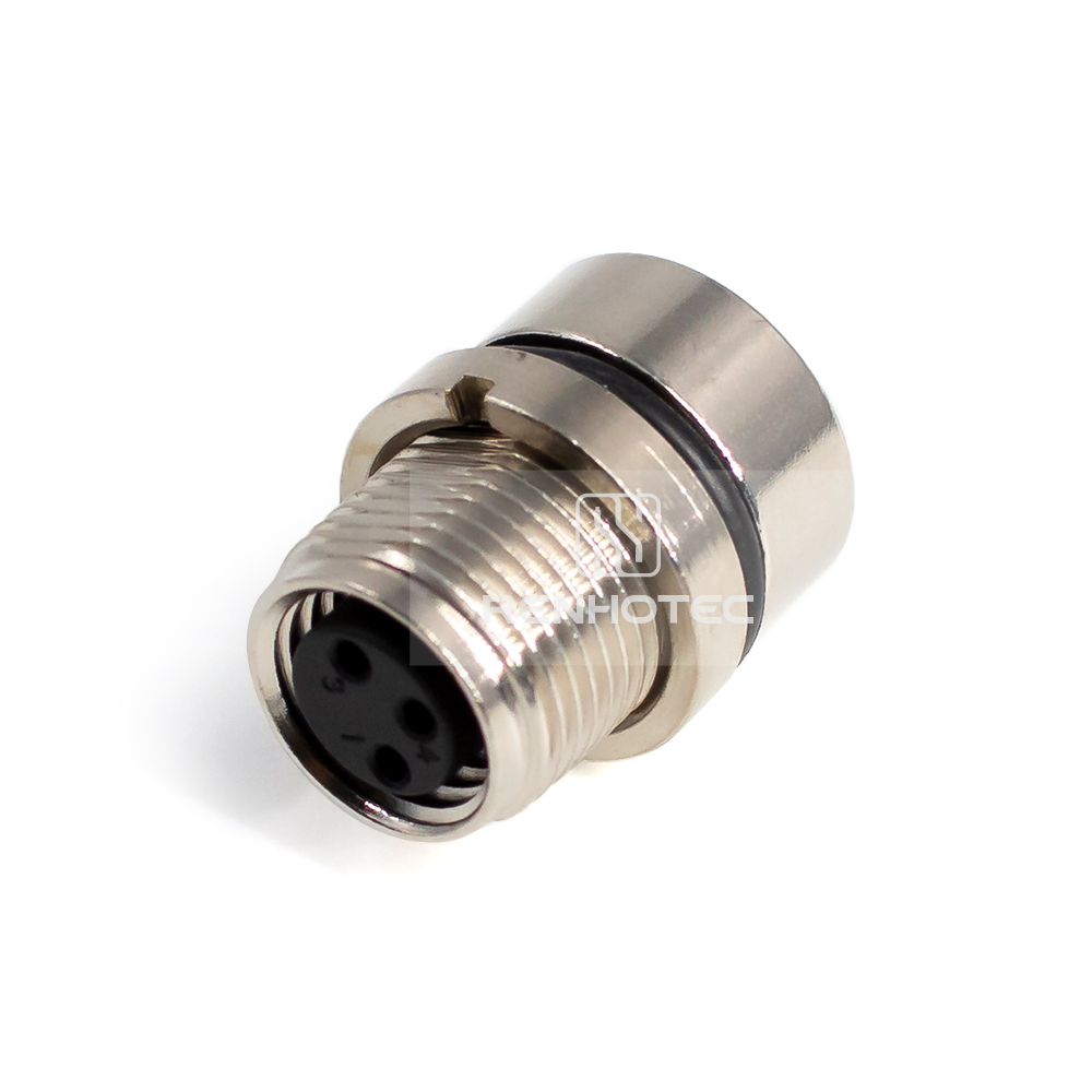 M8 Female Panel Mount Receptacle, Solder Cup, Front Fastened, Straight, IP67, M12x1