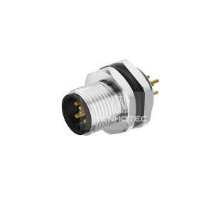 M12 Male Straight PCB Type Receptacle, Rear Fastened Panel Mount