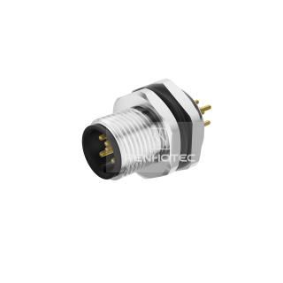 M12 Male Straight PCB Type Receptacle, Rear Fastened Panel Mount