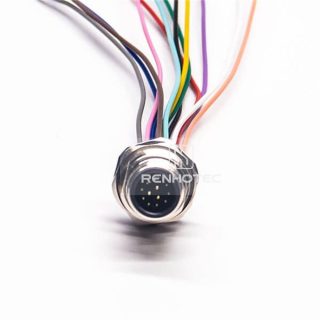 M12 Male Panel Mount Receptacle with Wires Front Fastened Straight