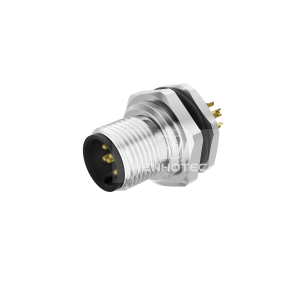 M12 Male Straight Solder Cup Receptacle, Front Fastened Panel Mount
