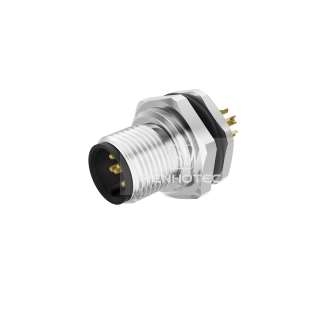 M12 Male Straight Solder Cup Receptacle, Front Fastened Panel Mount