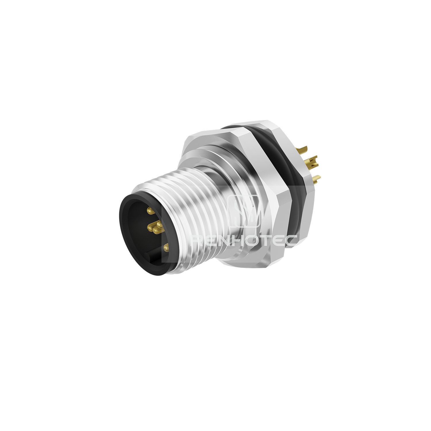 M12 Male Straight Solder Cup Receptacle, Front Fastened Panel Mount