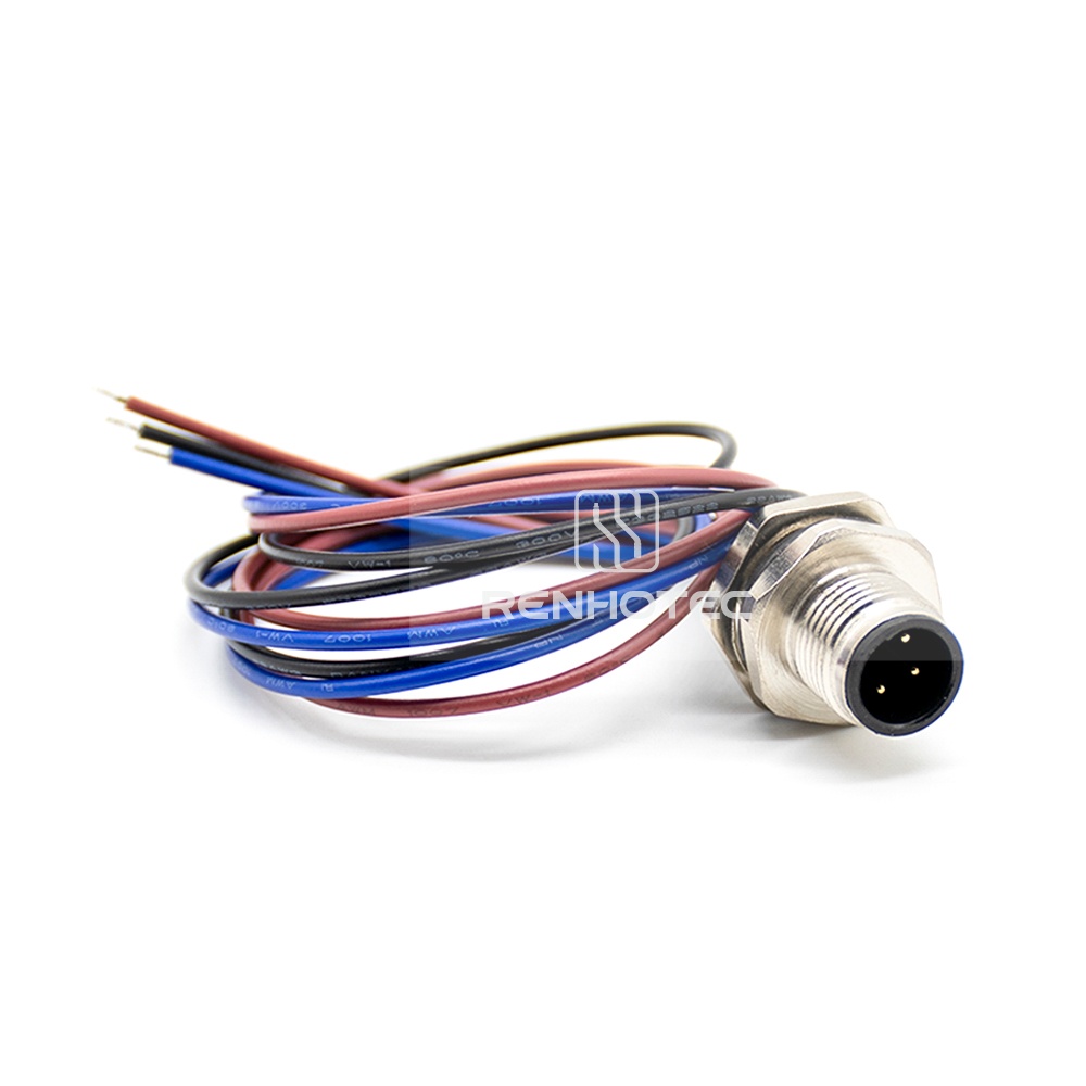 M12 Male Panel Mount Receptacle with Wires Rear Fastened Straight PG9