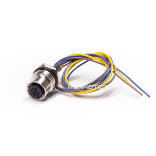 M12 Female Panel Mount Receptacle with Wires Front Fastened Straight