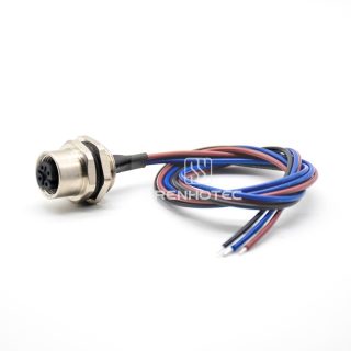 M12 Female Panel Mount Receptacle with Wires Rear Fastened Straight PG9