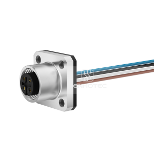 M12 Female Panel Mount Receptacle with Wires Flange Fastened Straight