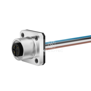 M12 Female Panel Mount Receptacle with Wires Flange Fastened Straight