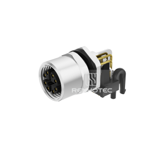 M12 8 X Code Pin Female Right Angle PCB Type Unshielded Receptacle, Front Fastened Panel Mount