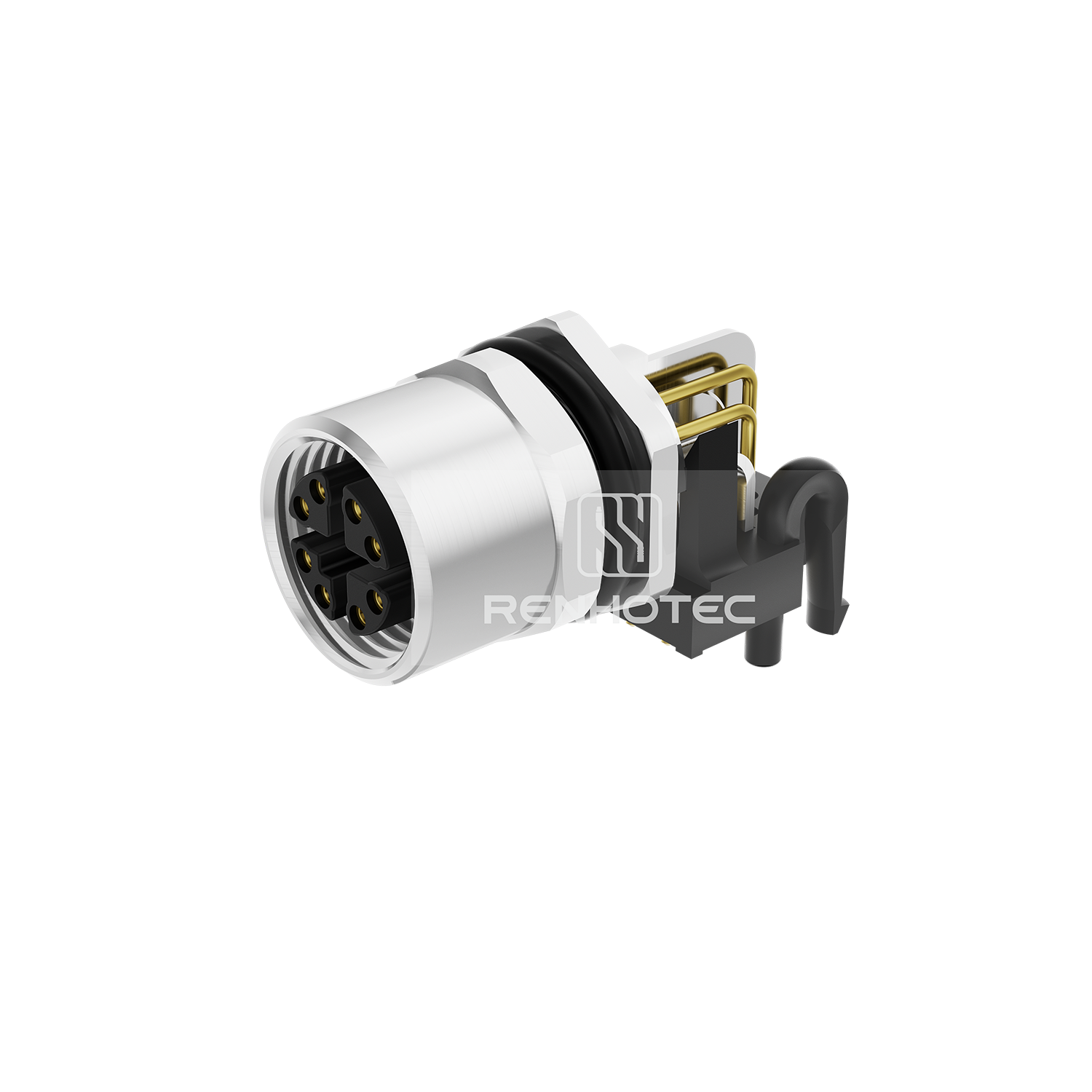 M12 8 X Code Pin Female Right Angle PCB Type Unshielded Receptacle, Front Fastened Panel Mount