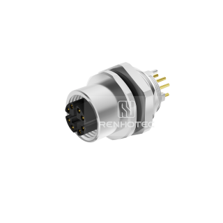 M12 8 X Code Pin Female Straight PCB Type Shielded Receptacle, Rear Fastened Panel Mount