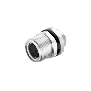 M8 Female Panel Mount Receptacle, Solder Cup, Front Fastened, Straight, IP67, M10x0.75