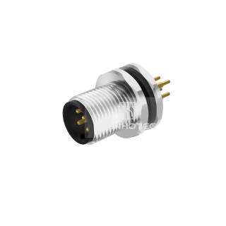M12 Male Straight PCB Type Receptacle, Front Fastened Panel Mount (M12X1.0)