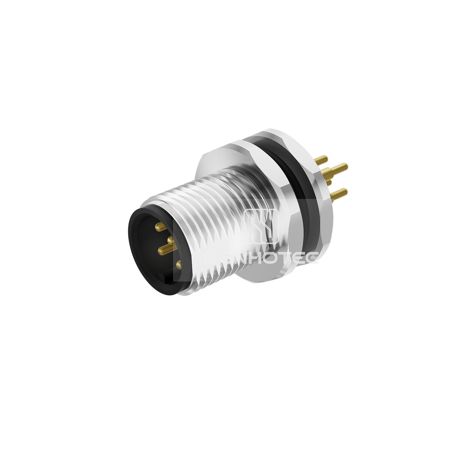 M12 Male Straight PCB Type Receptacle, Front Fastened Panel Mount (M12X1.0)