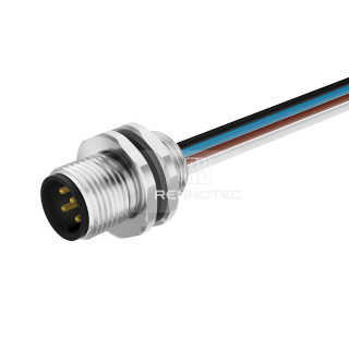 M12 Male Panel Mount Receptacle with Wires Rear Fastened Straight