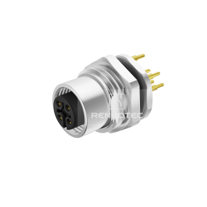 M12 Female Straight PCB Type Receptacle, Front Fastened Panel Mount M16x1.5 with GND