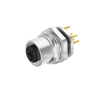 M12 Female Straight PCB Type Receptacle, Front Fastened Panel Mount M16x1.5 with GND