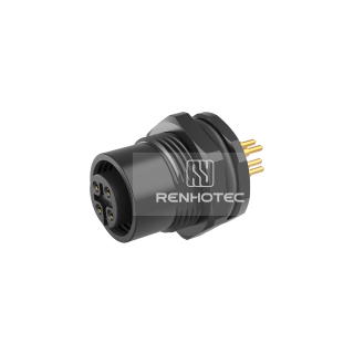 M12 Female Straight PCB Type Receptacle, Front Fastened Panel Mount Plastic Shell