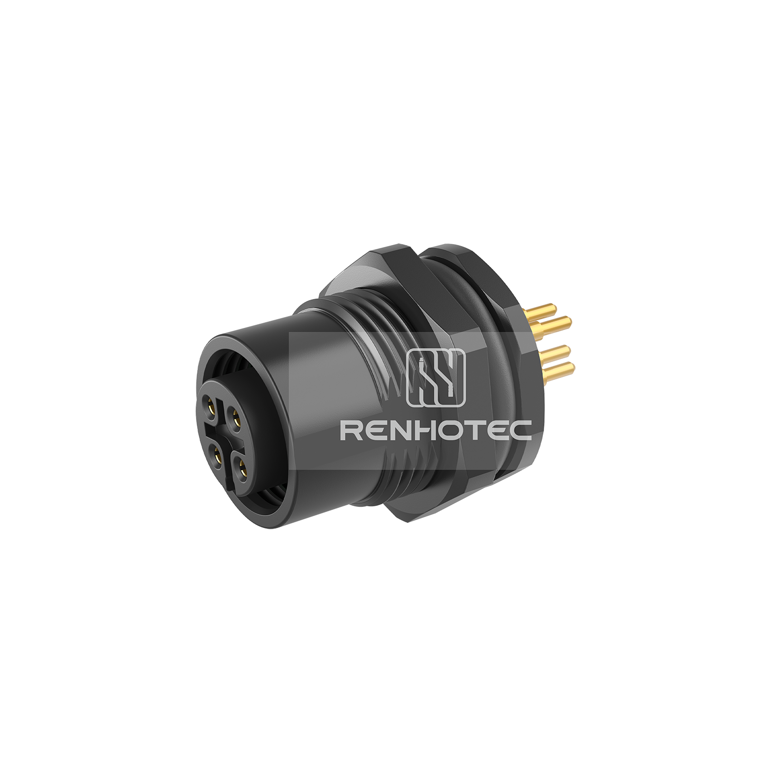 M12 Female Straight PCB Type Receptacle, Front Fastened Panel Mount Plastic Shell