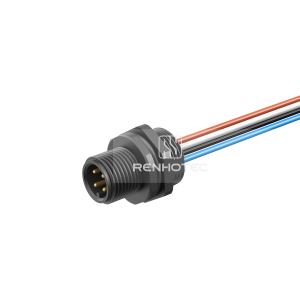 M12 Male Panel Mount Receptacle with Wires Rear Fastened Straight Plastic
