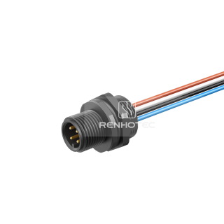 M12 Male Panel Mount Receptacle with Wires Rear Fastened Straight Plastic