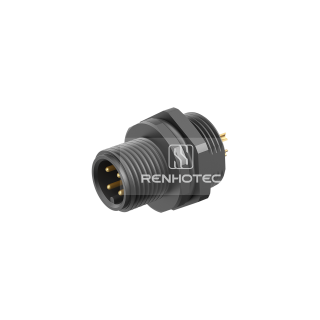 M12 Male Straight Solder Cup Receptacle, Rear Fastened Panel Mount Plastic Shell