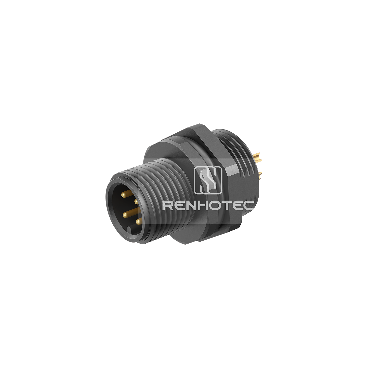 M12 Male Straight Solder Cup Receptacle, Rear Fastened Panel Mount Plastic Shell