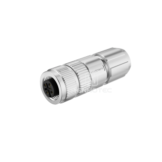 M12 Female Straight Field Wireable Connector, Shielded Metal Shell, Solder Cup, IP67