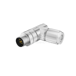 M12 Male Right Angle Field Wireable Connector, Shielded Metal Shell, Solder Cup, IP67