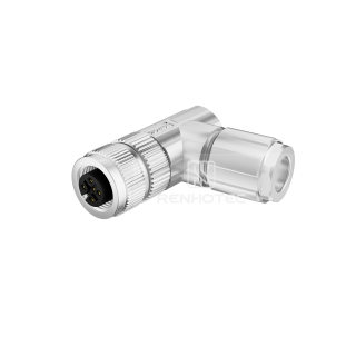 M12 Female Right Angle Field Wireable Connector, Shielded Metal Shell, Solder Cup, IP67