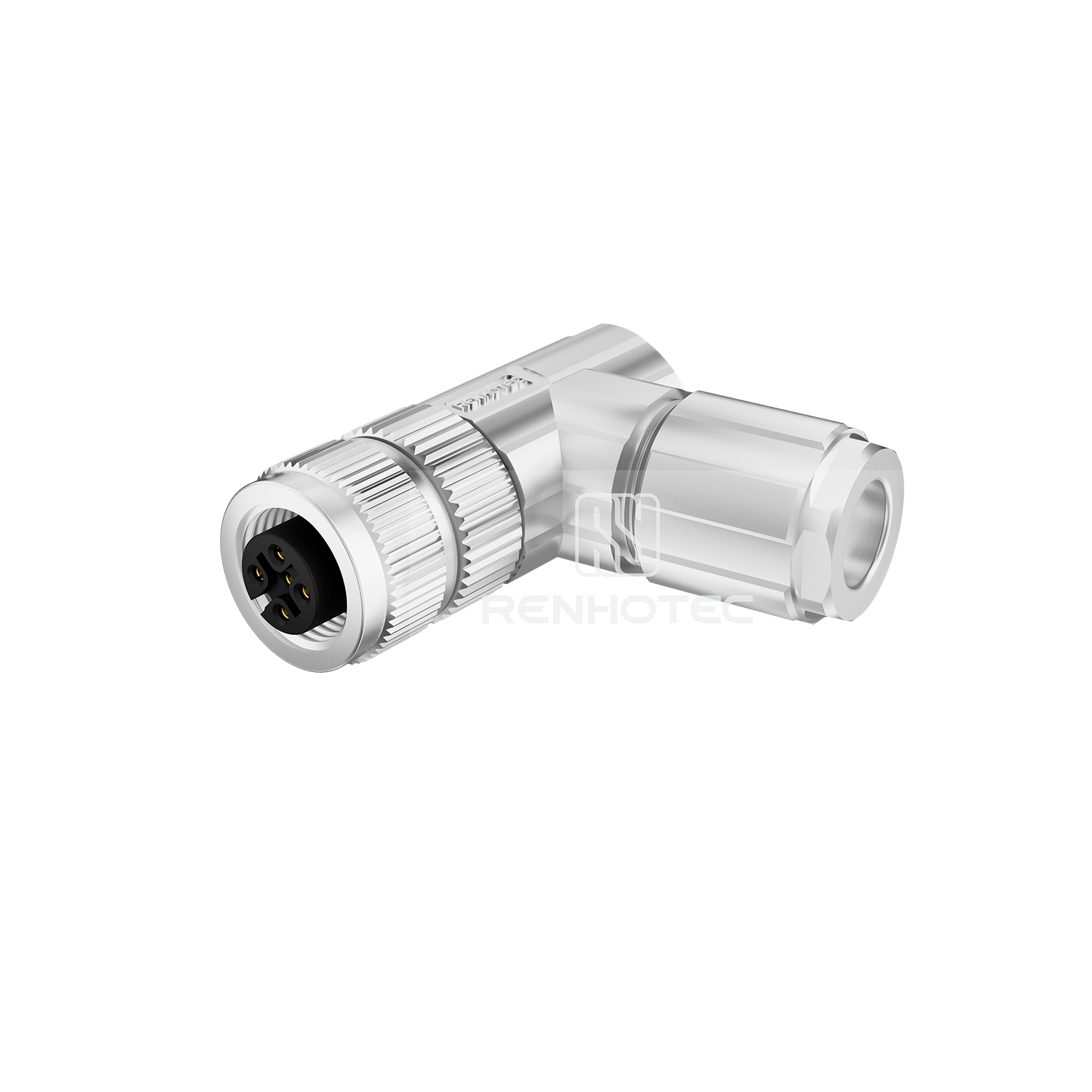 M12 Female Right Angle Field Wireable Connector, Shielded Metal Shell, Solder Cup, IP67