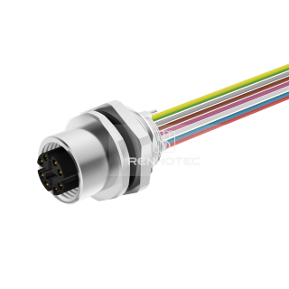 M12 8 Pin X Code Female Panel Mount Receptacle with Wires Rear Fastened Shielded Straight
