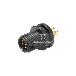 M12 Male Straight PCB Type Receptacle, Front Fastened Panel Mount Plastic Shell