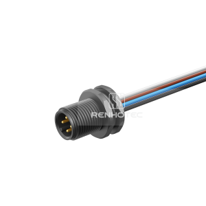 M12 Male Panel Mount Receptacle with Wires Front Fastened Straight Plastic