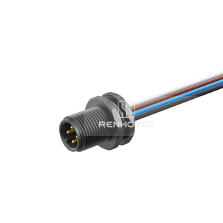 M12 Male Panel Mount Receptacle with Wires Front Fastened Straight Plastic
