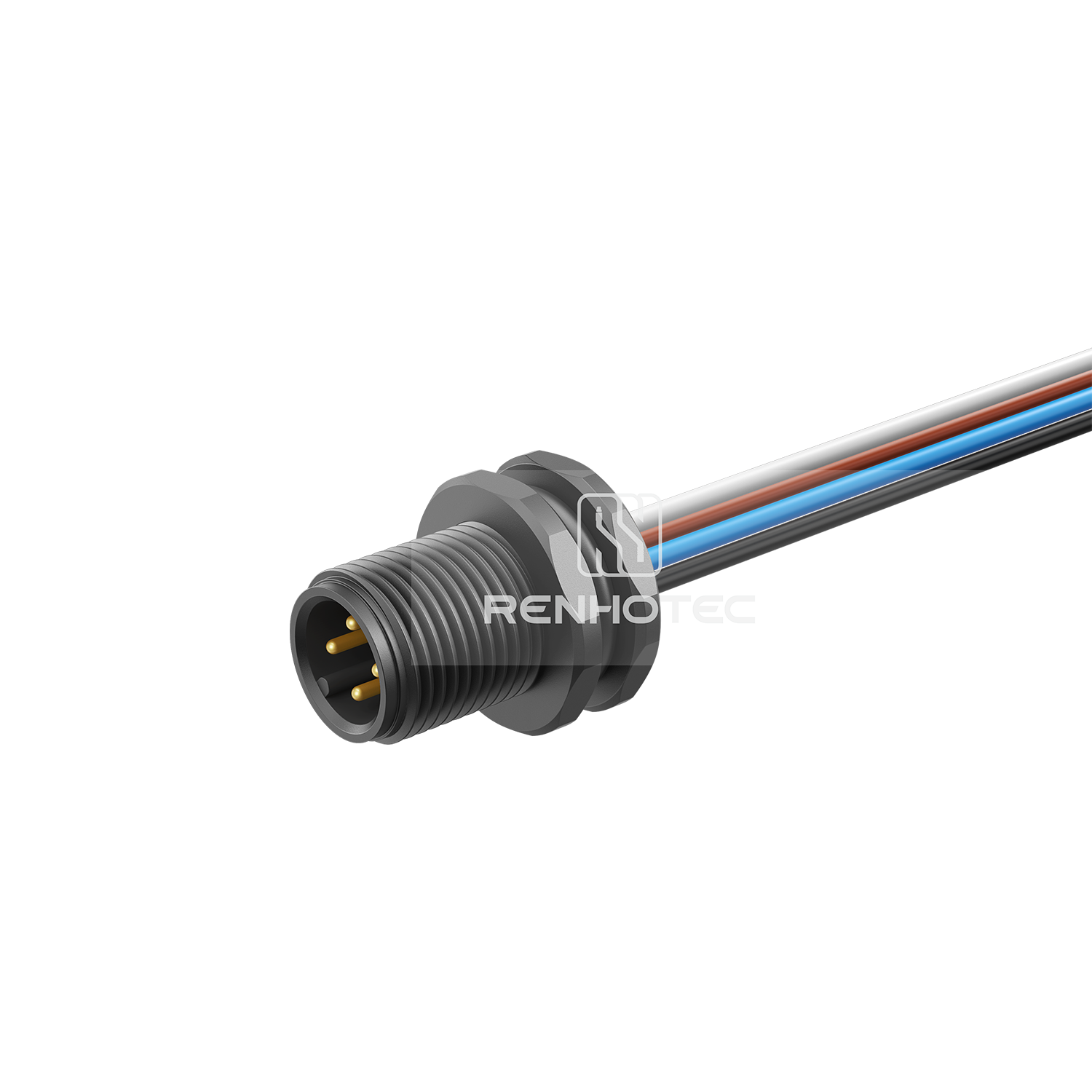 M12 Male Panel Mount Receptacle with Wires Front Fastened Straight Plastic
