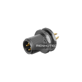 M12 Male Straight Solder Cup Receptacle, Front Fastened Panel Mount Plastic Shell with GND