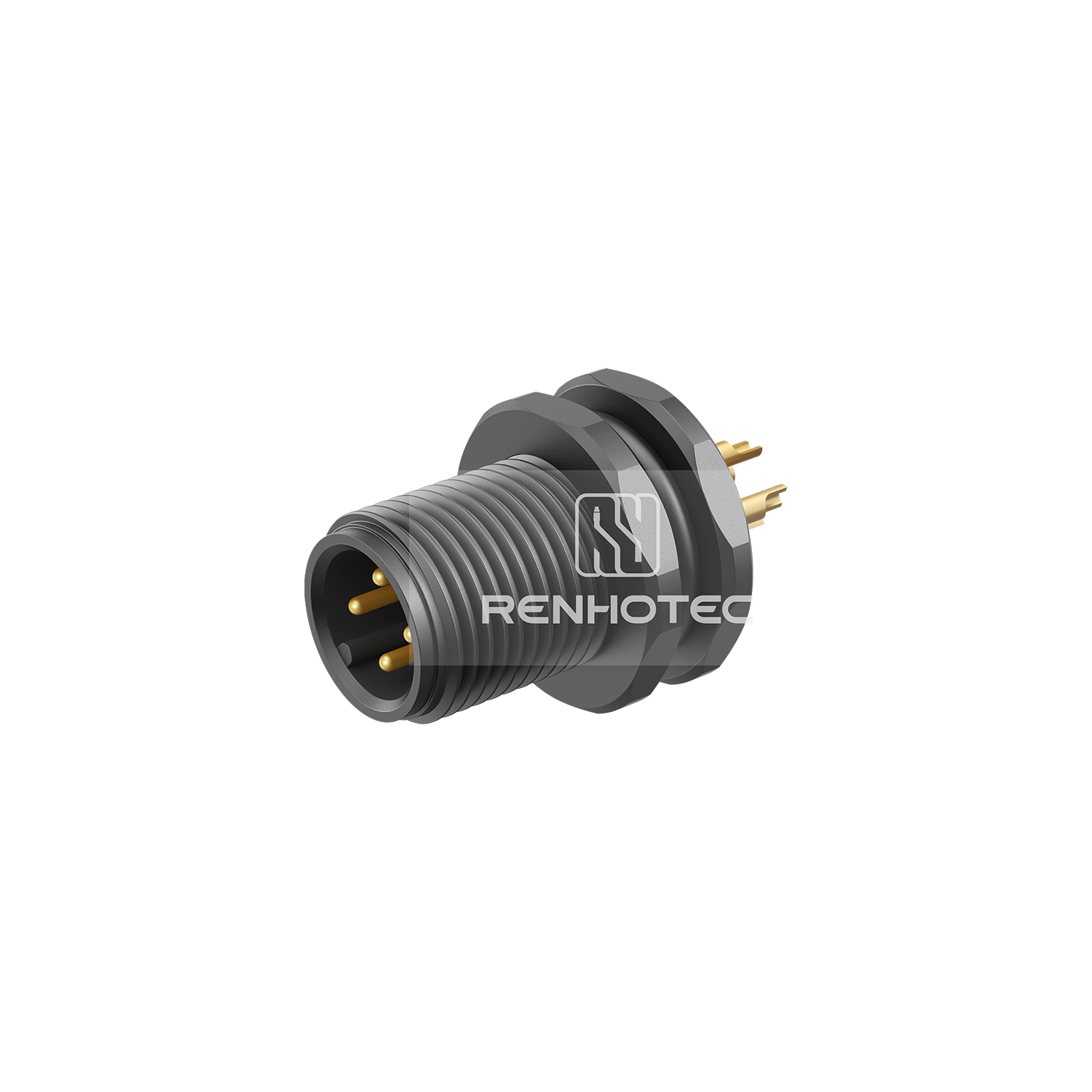 M12 Male Straight Solder Cup Receptacle, Front Fastened Panel Mount Plastic Shell with GND