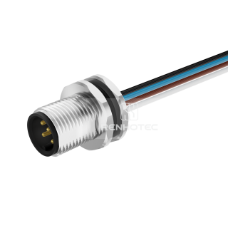 M12 Male Panel Mount Receptacle with Wires Front Fastened Straight M12x1.0