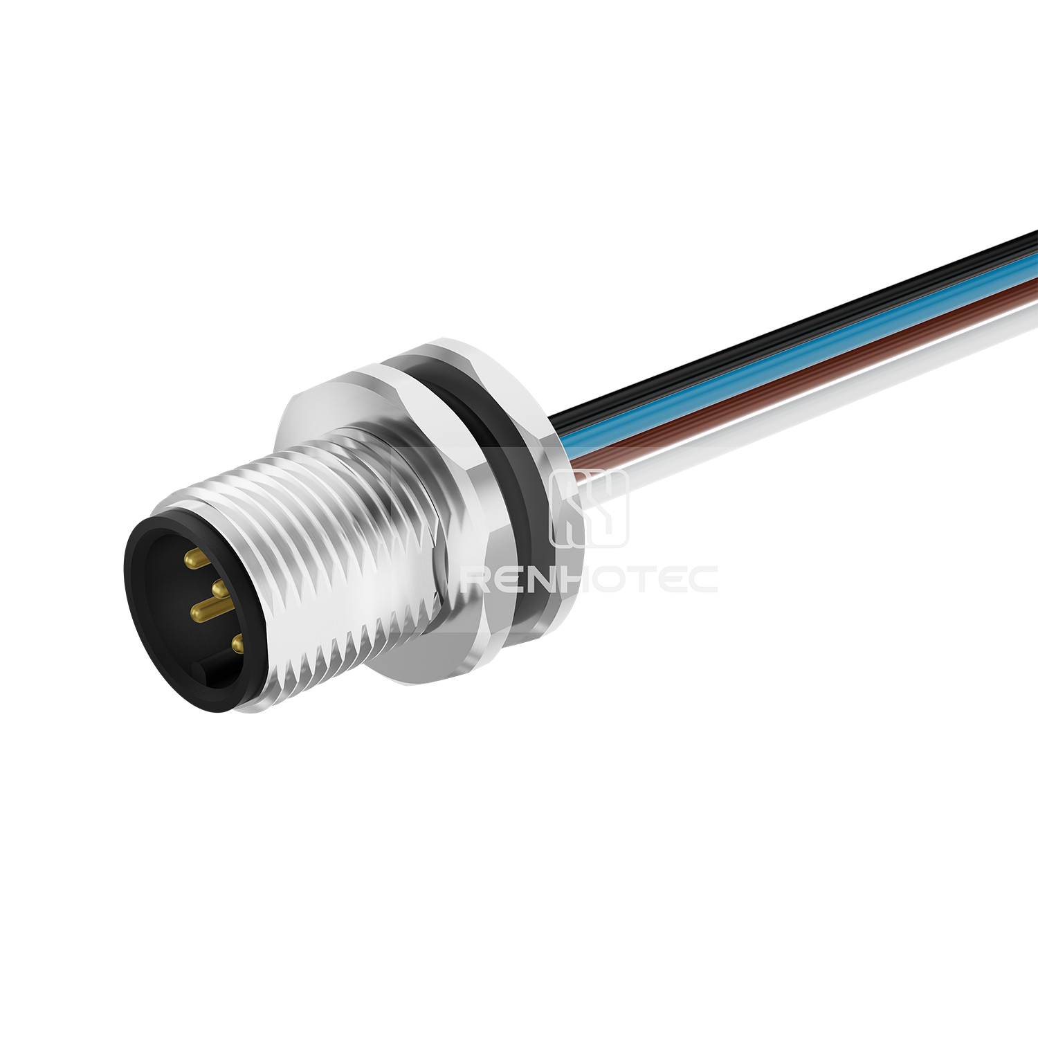M12 Male Panel Mount Receptacle with Wires Front Fastened Straight M12x1.0