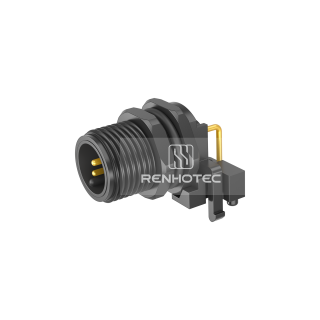 M12 Male Right Angle PCB Type Receptacle, Front Fastened Panel Mount Plastic Shell